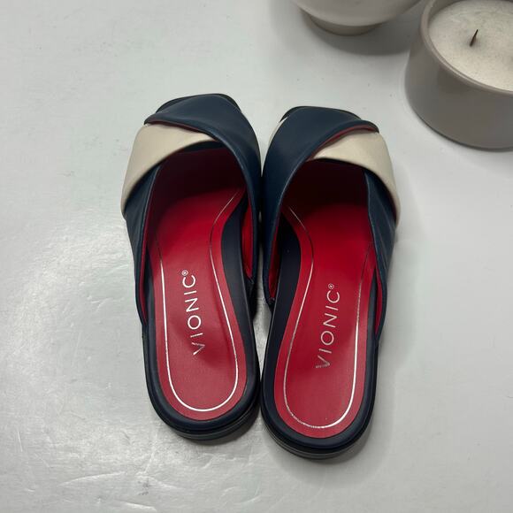 Vionic Poppy Miramar Leather Colorblock Slide Sandal Navy/Cream Women's 6M NWOB - Picture 8 of 9